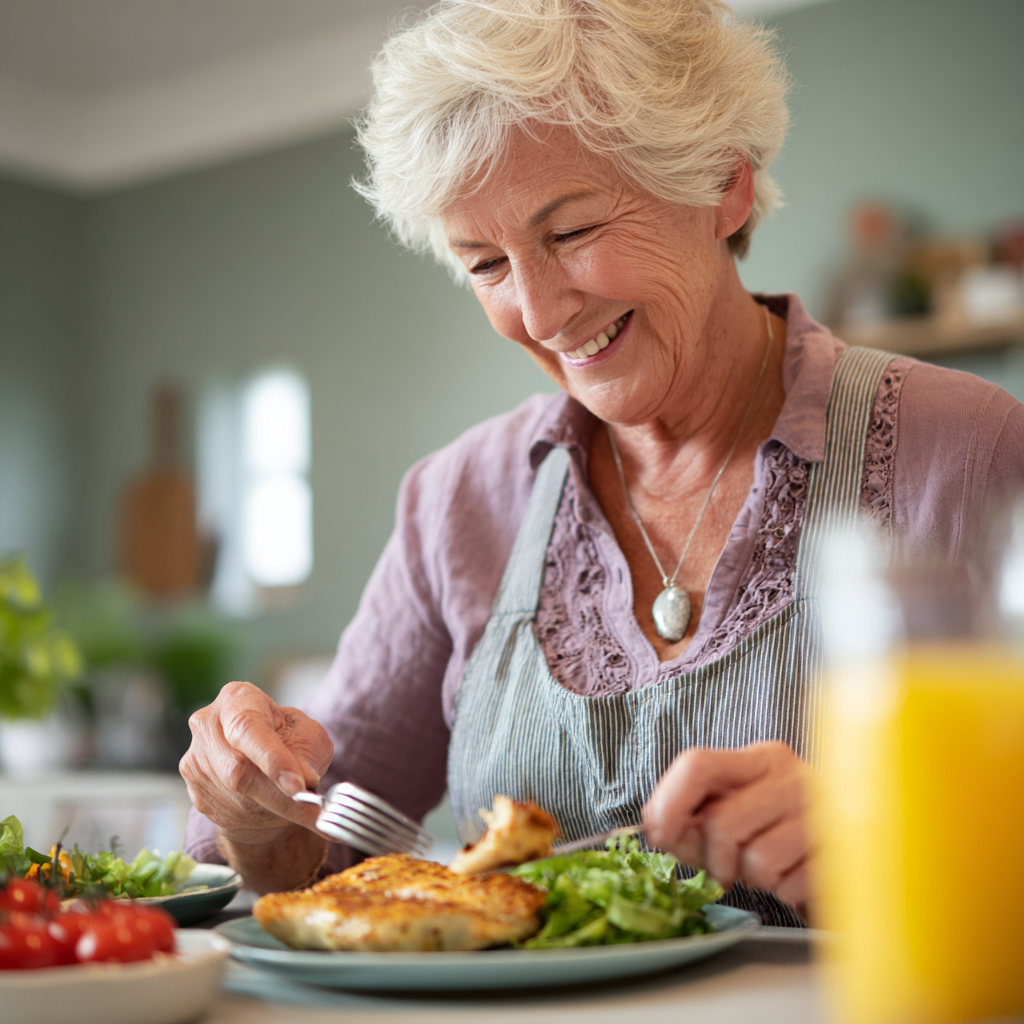 Satisfied customer enjoying healthy meal prepared with nutrition planning guidance